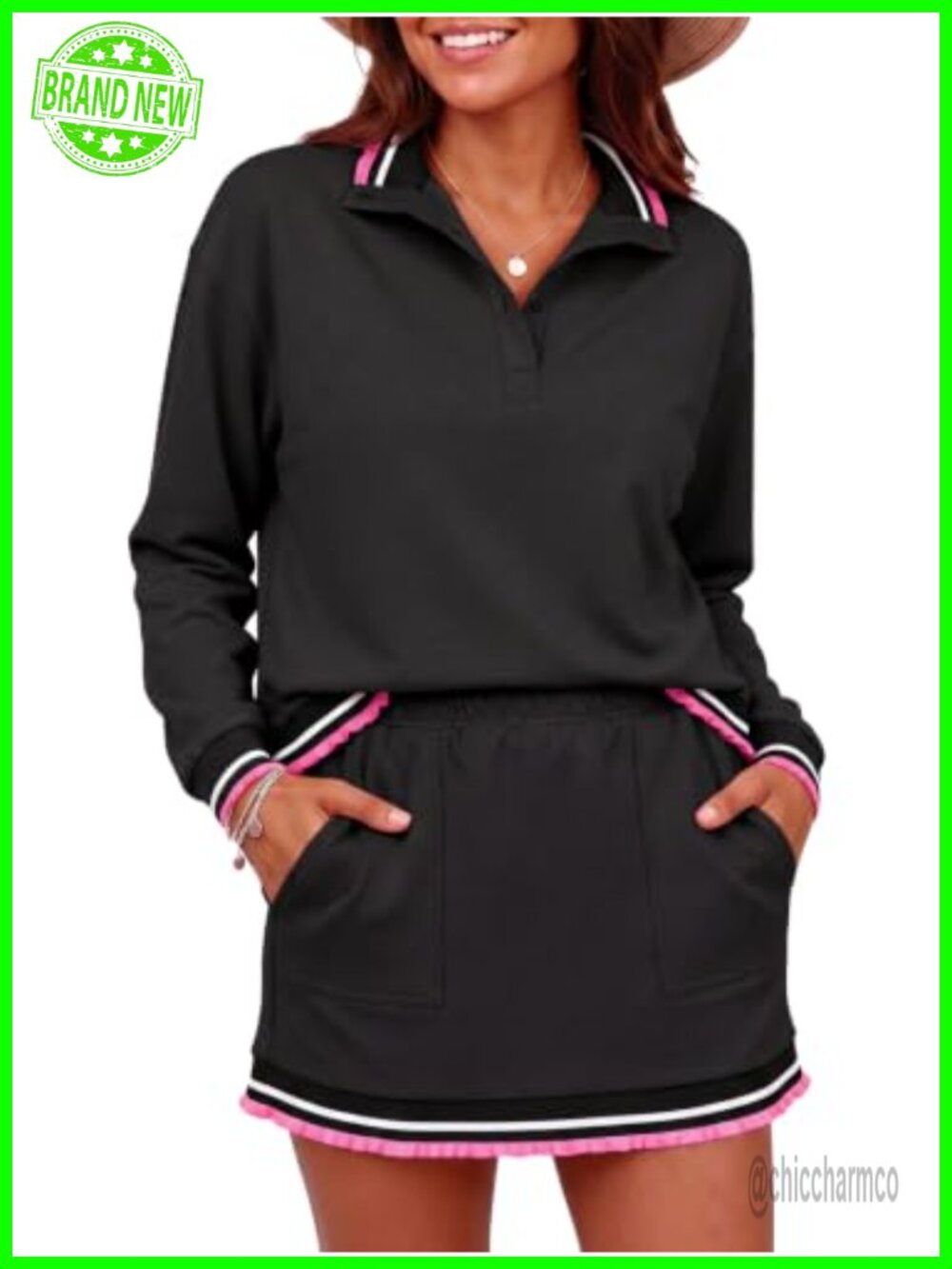 Fisoew Women's 2 Piece Outfit Short Set Mini Skirt Sweatsuit with Pockets